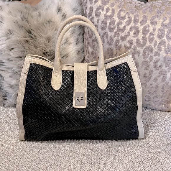 Claudia Firenze Handbags - Claudia Firenze Made In Italy Two Tone Cream & Black Leather Tote Bag Purse